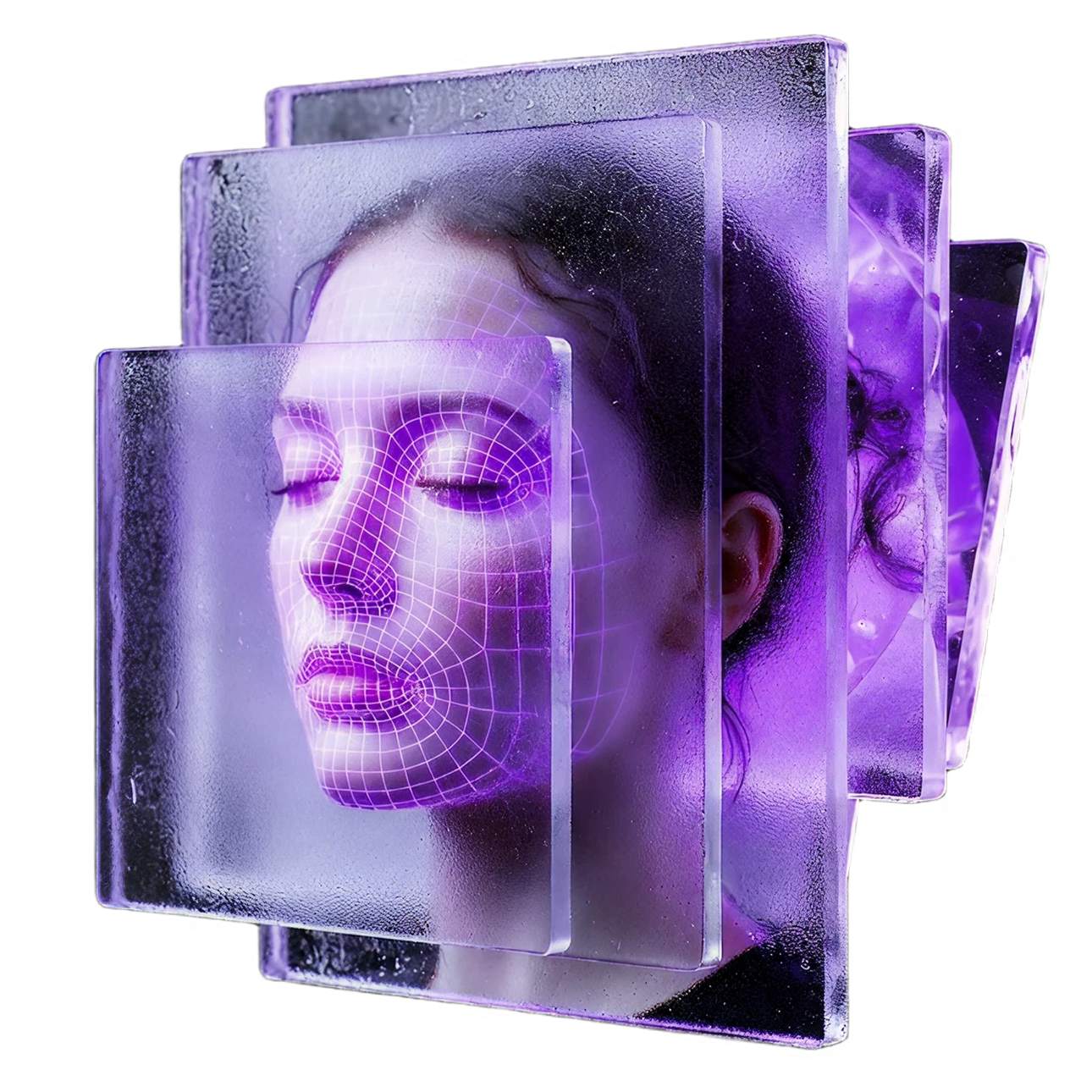 AI-generated face inside layered glass panels